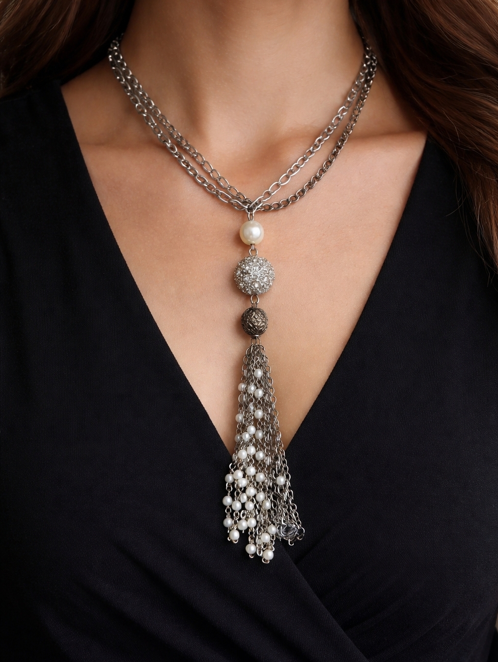 Vintage New York & Company‎ Double Chain Pendant Tassel Necklace